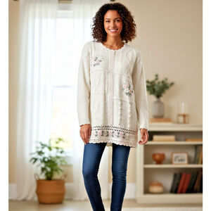 Vintage ivory sweater embroidered pearl crochet floral granny cottagecore Sz-L